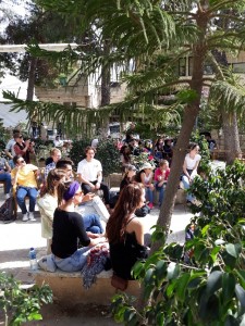 April 2018 – people get ready for a music concert in the wonderful peaceful, central garden café well away from where Israeli tourists visit. Despite soldiers, gunfire, tear gas, leaflets and rules …… life goes on nevertheless. Sumud.