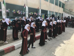 Sabastiya school for girls open day April 2018 – performing to proud family and friends. The girls are wearing the beautiful, traditional embroidered dresses.