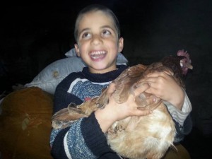 A boy cuddling a cockerel